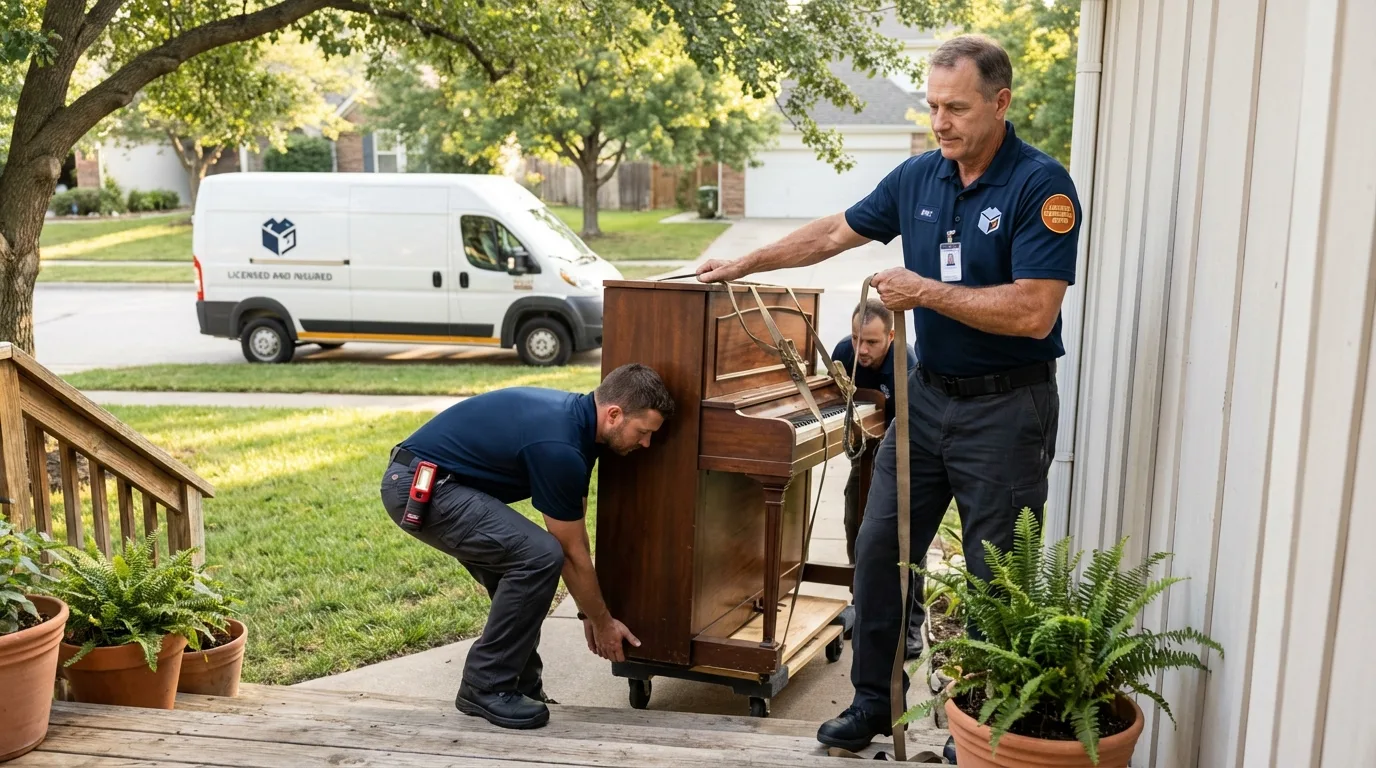 Licensed piano movers securing grand piano in Bennington, VT