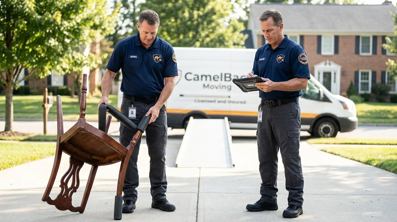Movers inspecting furniture for damage prevention before loading in Bennington, VT