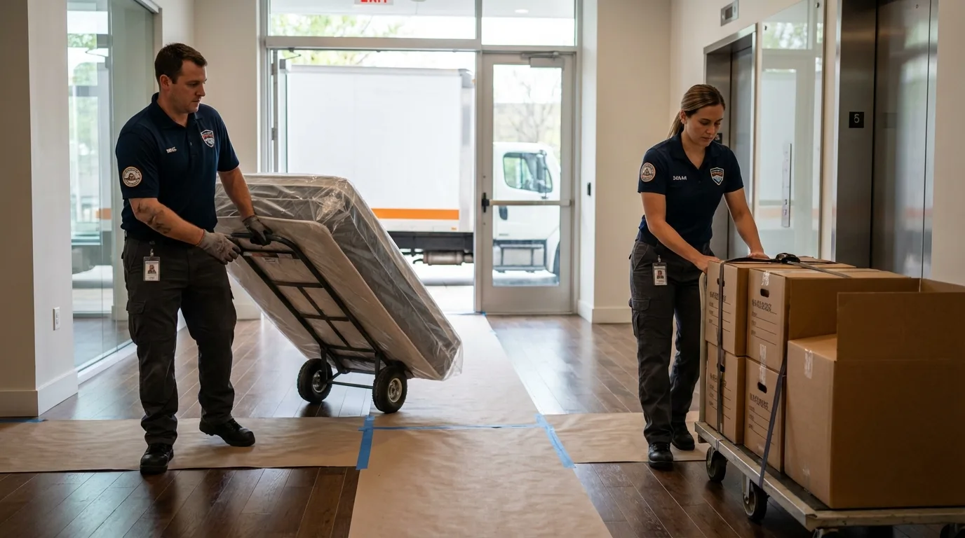 Professional apartment movers loading elevator in Bennington, VT