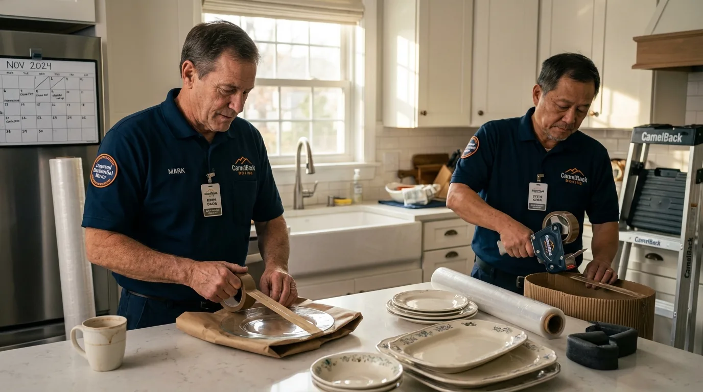 Professional crew packing kitchen dishware in Bennington, VT